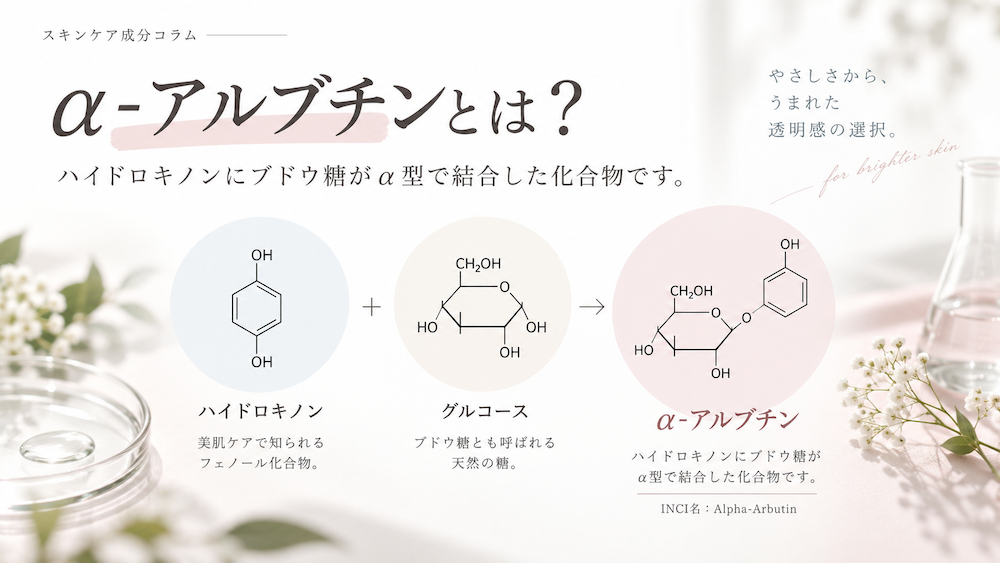 ハイドロキノンとブドウ糖がα型で結合したα-アルブチンの構造を表した図