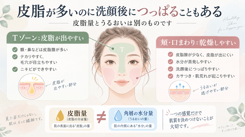 Tゾーンの皮脂量と頬や口まわりのうるおい状態の違い