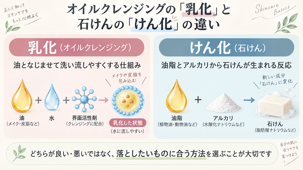 オイルクレンジングの乳化と石けんのけん化の違い