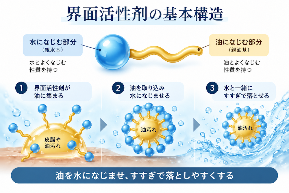界面活性剤の親水基と親油基、皮脂や油汚れを水ですすぐ仕組み