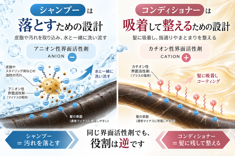 シャンプーのアニオン性界面活性剤とコンディショナーのカチオン性界面活性剤の違い