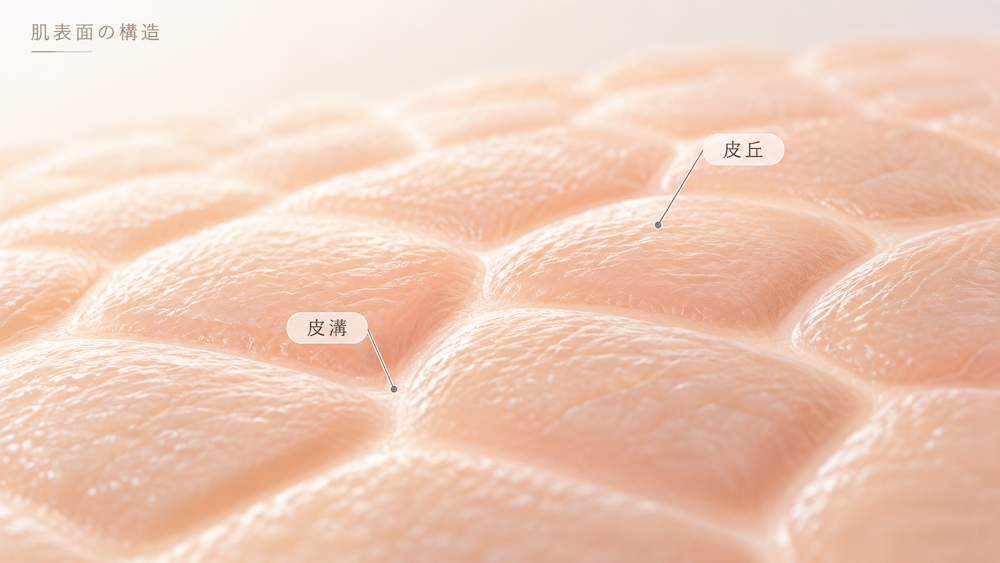 肌表面の皮溝と皮丘からつくられる肌のキメの構造