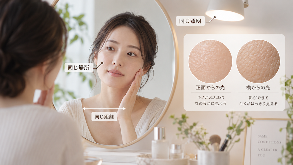 同じ場所と照明と距離で肌のキメを確認する方法