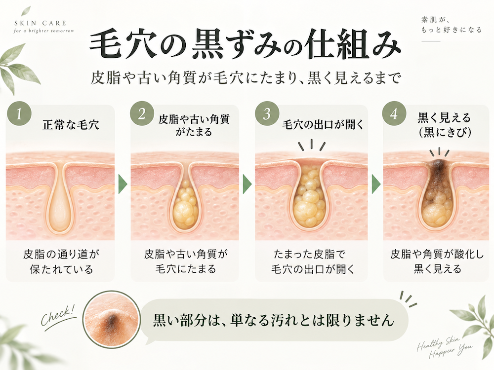 皮脂や古い角質が毛穴にたまり黒にきびとして黒く見える仕組み