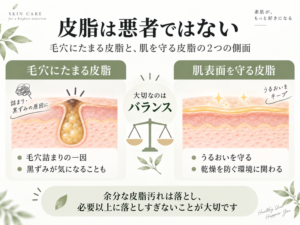 毛穴にたまる余分な皮脂と肌表面でうるおいを守る皮脂の二つの側面