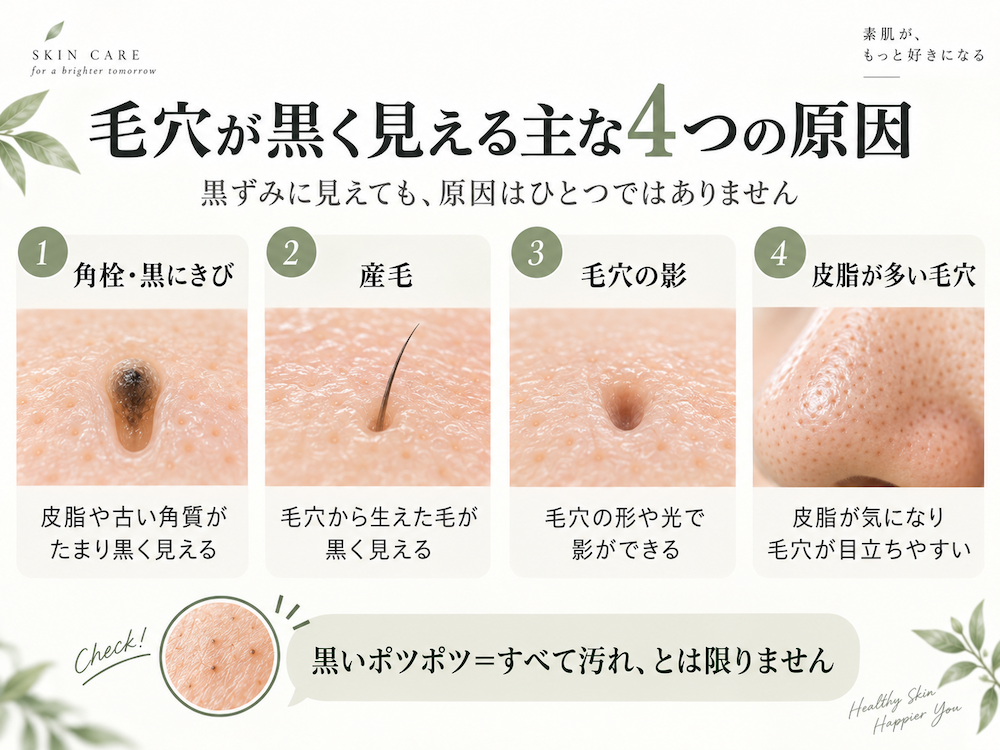 角栓や黒にきび、産毛、毛穴の影など毛穴が黒く見える主な4つの原因