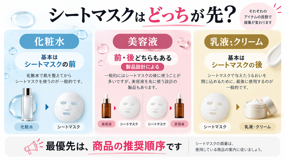 化粧水、美容液、乳液やクリームとシートマスクの前後関係