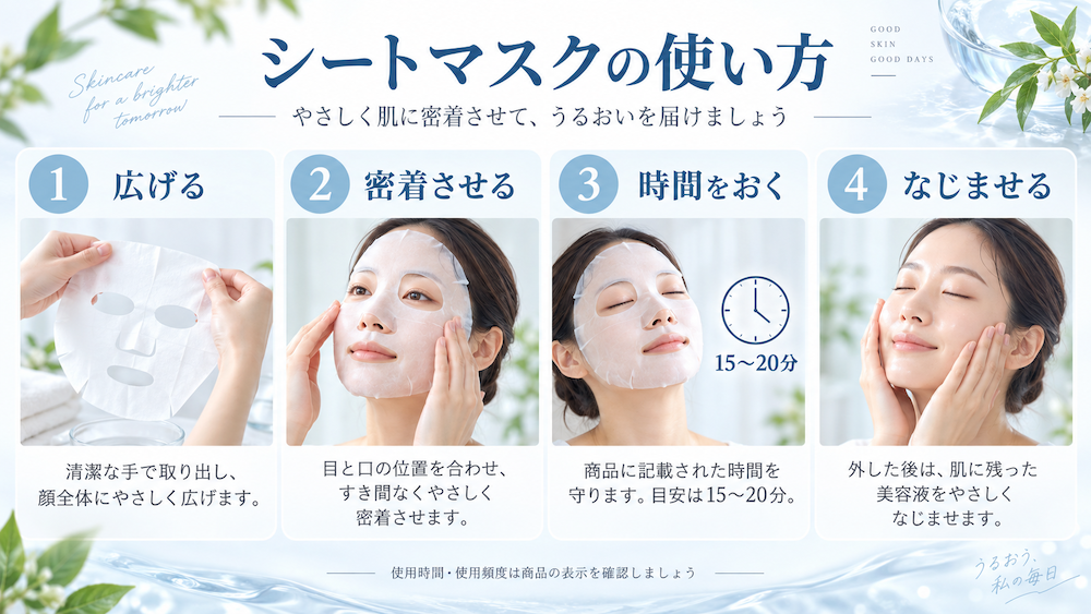 シートマスクを広げて顔に密着させ、表示された時間で外して美容液をなじませる使い方