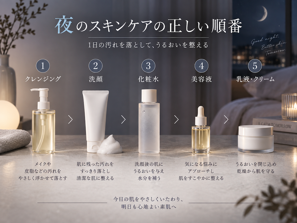 クレンジングからシートマスクや美容液を経て保湿する夜のスキンケアの順番