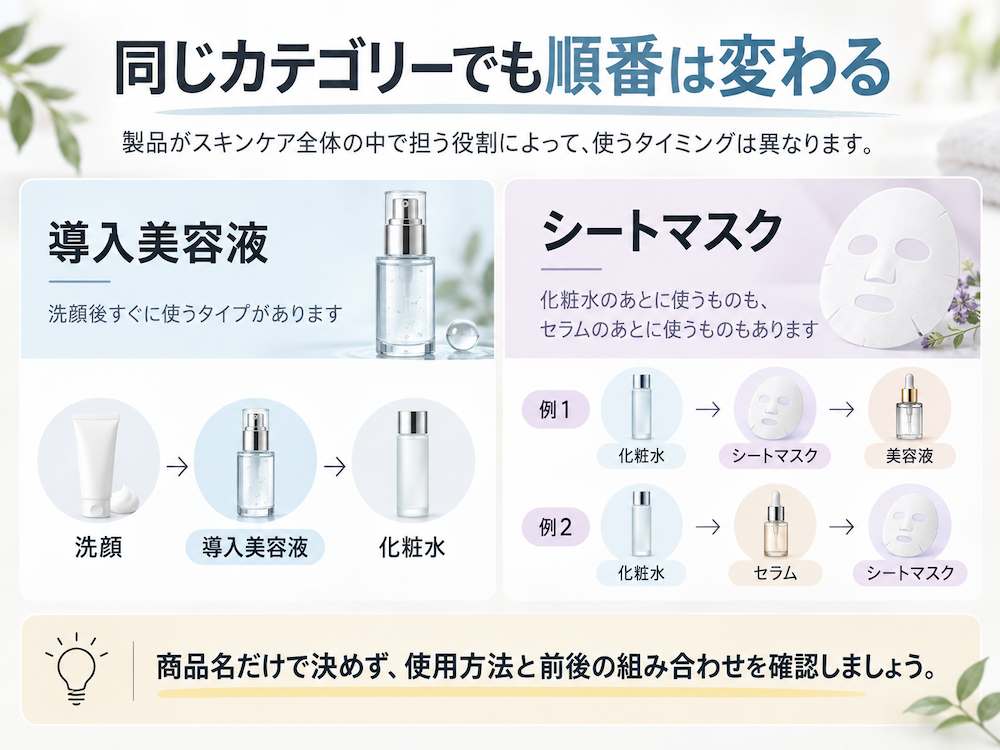 製品によって使用する順番が異なるスキンケアアイテム