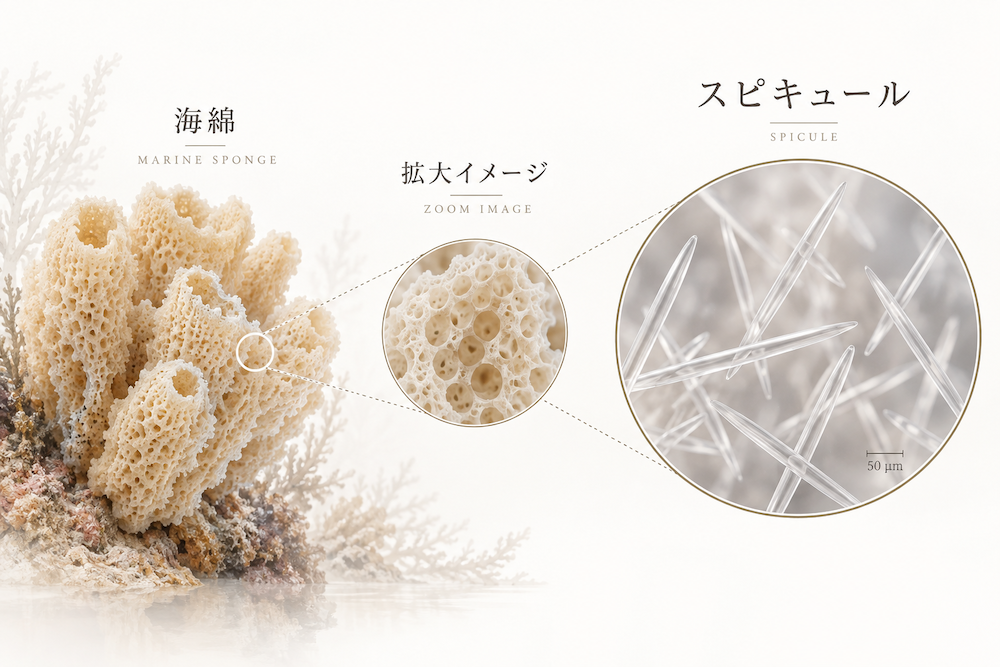 海綿から得られる微細な針状構造スピキュールのイメージ