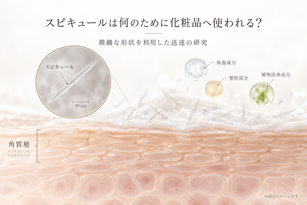 スピキュールの微細な形状と角質層への送達研究を表したイメージ